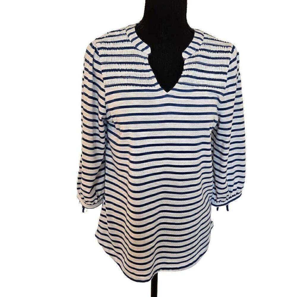 Leo & Nicole Womens Stripe V-Neck 3/4 Sleeve Smocked Blouse Blue White Sz Small